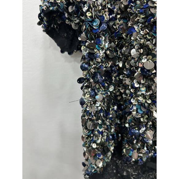 HAUTE HIPPIE Mosaic Sequin Embelished Cropped Top Short Sleeves Black Silk Sz‎ M - Picture 3 of 12